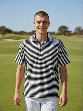 G/FORE Men’s Horizontal Striped Short Sleeve Polo, Black & White, Size S